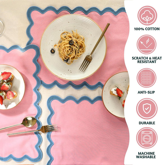 Folkulture Placemats Set of 4 (13 x 19) | 100% Cotton, Cute, Heat Resistant,Machine Washable Scalloped Place Mats | Pink Rectangular Cloth Table Placemats or Dining Table Mats for Dinner Party
