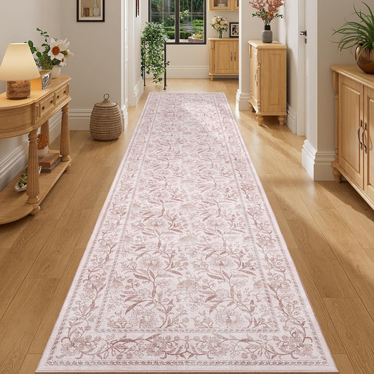 DUKINO 2.6x8 Rug for Hallway, Vintage Floral Non Slip Kitchen Runner Rug with Washable & Lightweight, Low Pile Indoor Floor Stain Resistant Carpet for Entryway, Bedroom, Bathroom, Laundry, Light Pink