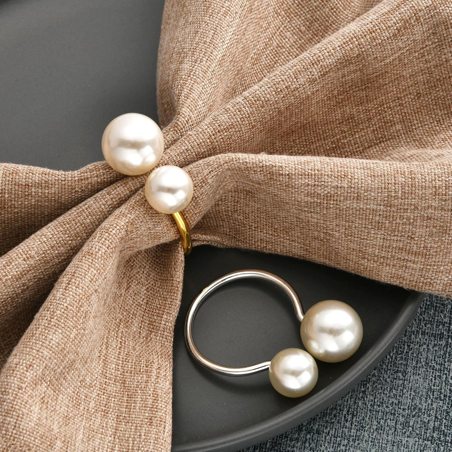 Pearl Napkin Rings Set of 6,Silver Napkin Holder Dinning Table Setting Rustic Dinner Tables Decoration for Wedding Receptions,Thanksgiving Day Holiday Party Dinner Parties (Round-Silver)