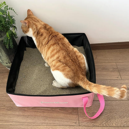 Portable Cat Litter Box, Firm Waterproof Foldable for Travelling for Cats, Including Crinkle Ball, Poop Bags, Foldable Bowl and Scoop, 16.5x16.5x6.3 inches (Pink)