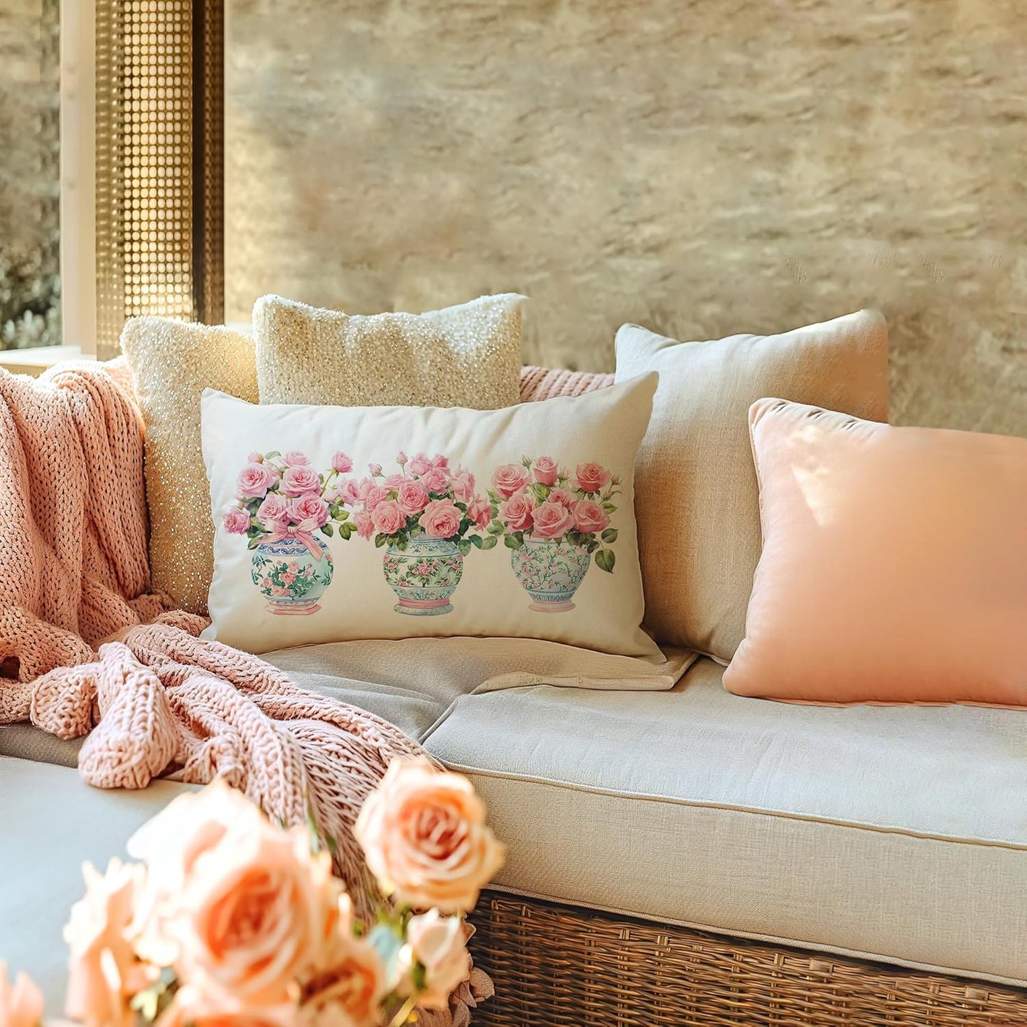 Pink Flowers and Leaves Pillow case, Chinoiserie Floral Pattern Pillow Cover, Flower Rose Case Cushion Cover Couch Sofa Decorative 12x20 inches