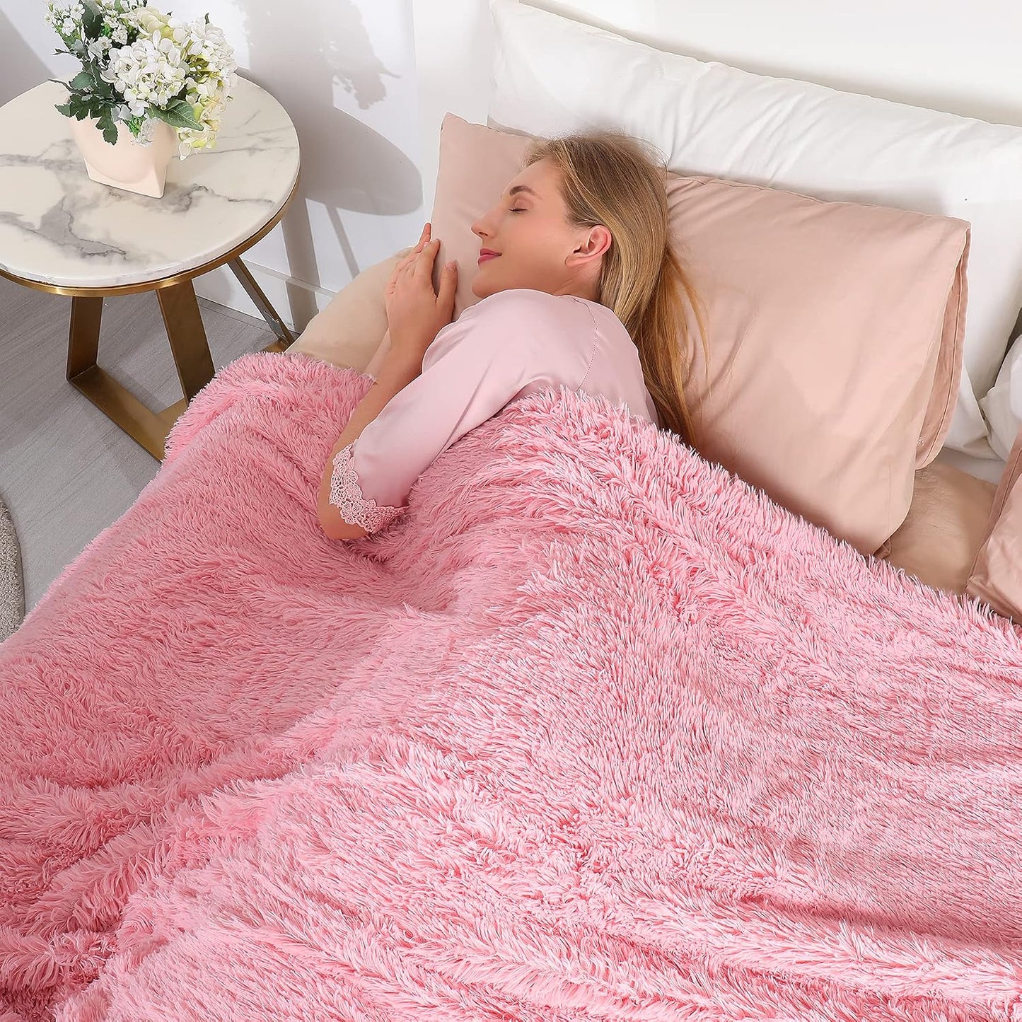 Tuddrom Decorative Extra Soft Faux Fur Throw Blanket 50"x60",Solid Reversible Fuzzy Double Layers Long Hair Shaggy Blanket,Fluffy Cozy Plush Fleece Comfy Microfiber Blanket for Couch Sofa Bed,Pink