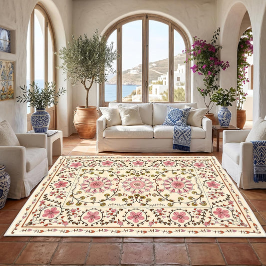 5x7 Boho Floral Area Rug - Washable Vintage Botanical Living Room Carpet, Non-Slip Low-Pile Large Floor Mat for Bedroom, Dining Room, and Home Office (Cream/Pink)