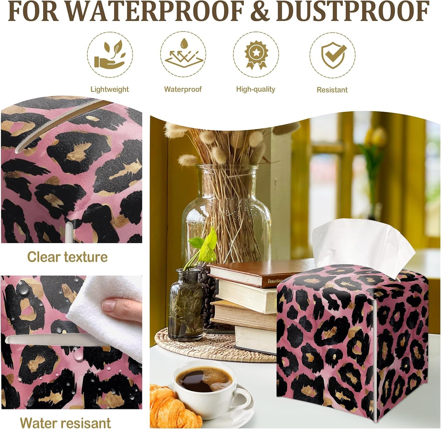 Pink Leopard Print Decorative Leather Tissue Box Cover - Tissue Box Holder Gifts for Women Family and Friends Funny Unique Home Decor Decorative for Kids Room Kitchen Bathroom Office - A01