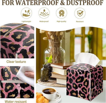 Pink Leopard Print Decorative Leather Tissue Box Cover - Tissue Box Holder Gifts for Women Family and Friends Funny Unique Home Decor Decorative for Kids Room Kitchen Bathroom Office - A01