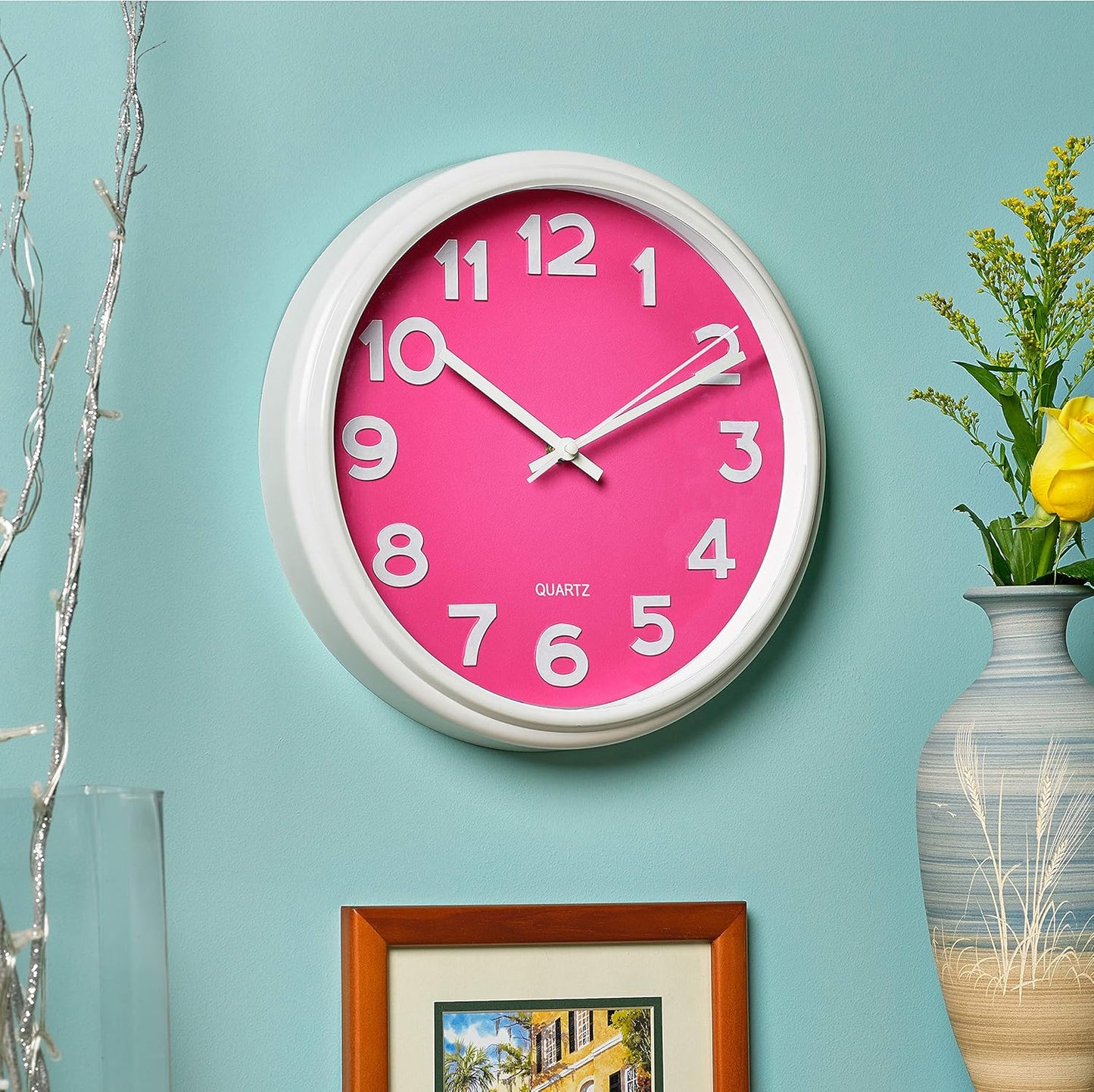Bernhard Products Pink Wall Clock 12.5 Inch Silent Non-Ticking Modern Stylish Quartz Clocks for Home Kitchen Office Bedroom Girl's Room Nursery Kids School Classroom Battery Operated, Easy to Read