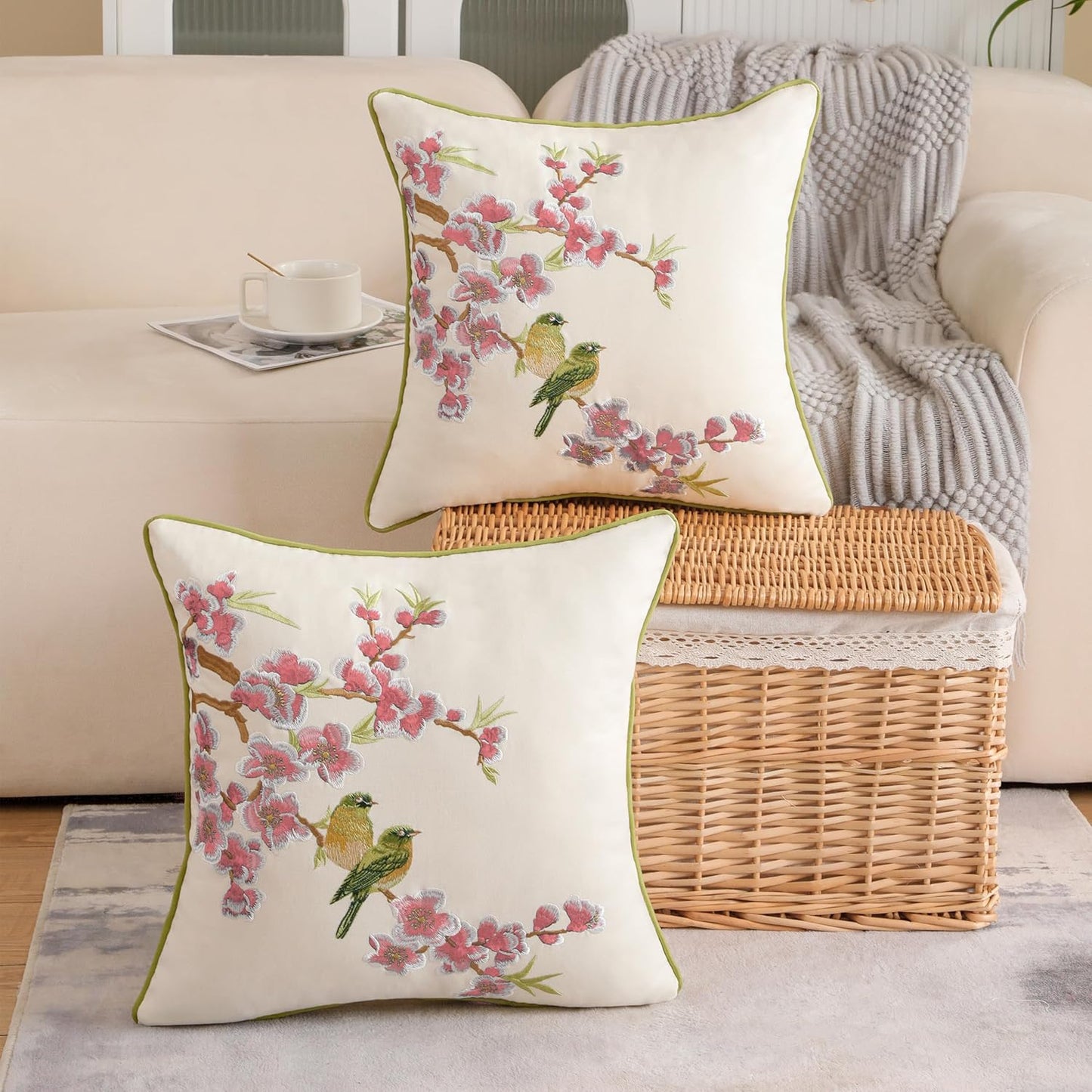 Holibeat Embroidered Pink Flower Birds Throw Pillow Covers 18 * 18 inches Spring Decorative Peach Blossom Pillowcases (Pack of 2) (Pink)
