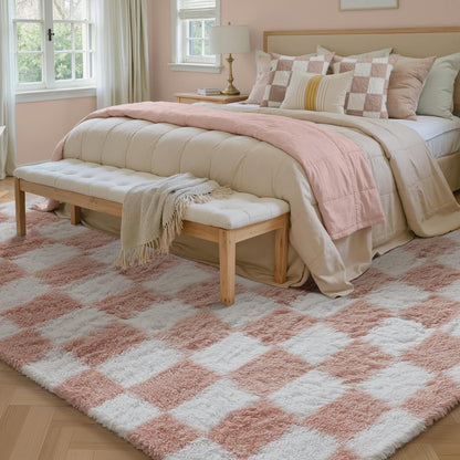 PureCozy Checkered Rug 5x8 for Living Room, Pink and White Modern Shag Rugs Super Soft Washable Indoor Office Fuzzy Carpet Non-Slip Fluffy Rugs for Bedroom Home Aesthetic Decor