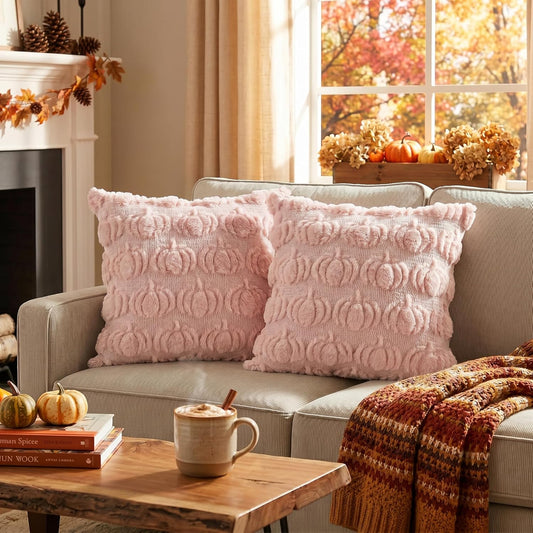 AVOIN colorlife Fall Pumpkin Pink Throw Pillow Covers, 20 x 20 Inch Autumn Thanksgiving Harvest Soft Plush Faux Fur Jacquard Cushion Case Decoration for Sofa Couch Set of 2
