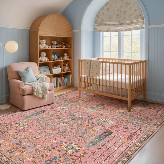 Kokia Boho Vintage Floral Botanical 8x10 Washable Rugs, Soft Non-Slip Rosette Pink Rugs for Girls Bedroom, Nursery, Living Room, Kids Playroom, Office