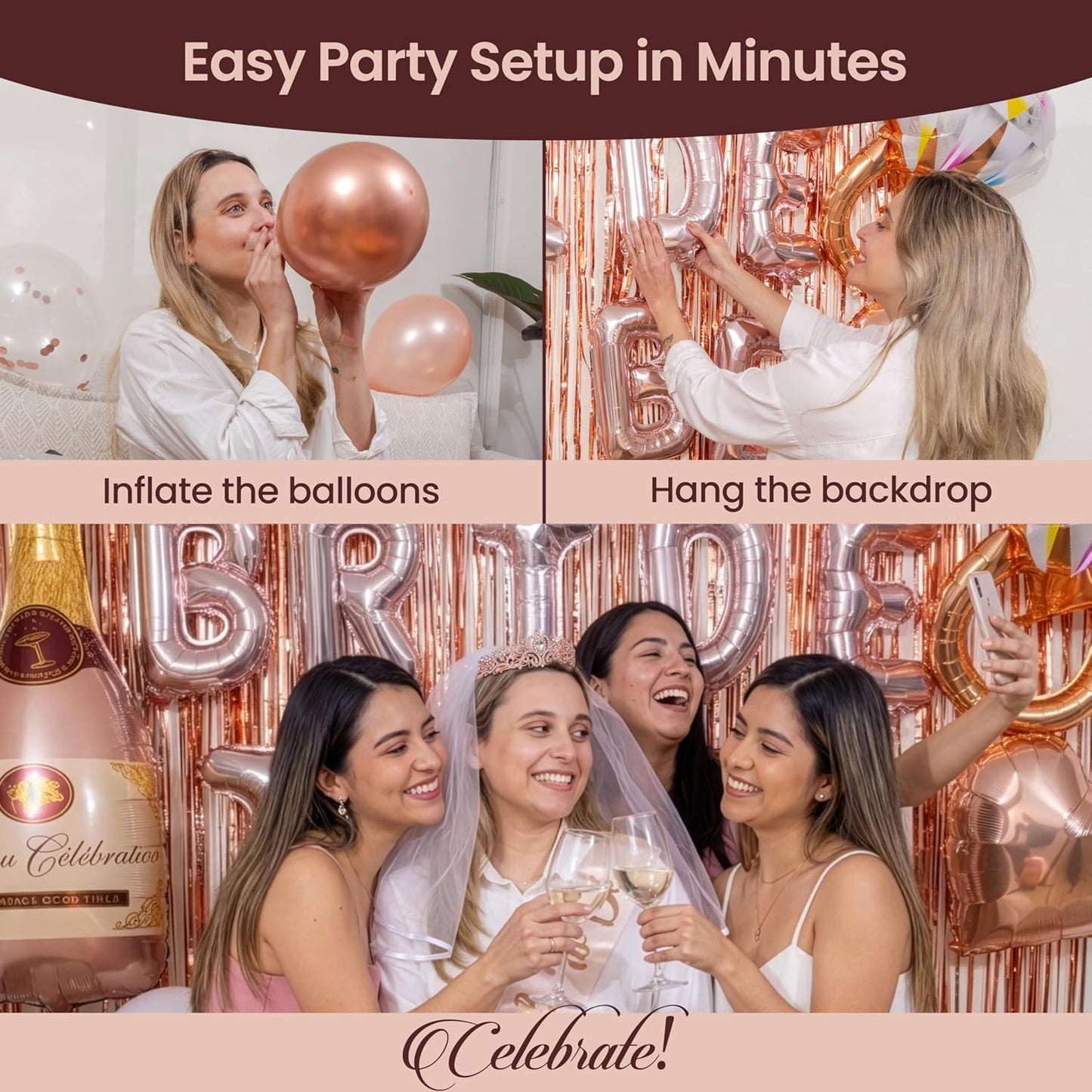 Rose Gold Bridal Shower Decorations, 273-Piece Pink Bachelorette Party Decorations with Bride to Be Banner, Confetti Balloons, Bride Sash, Veil, Fringe Curtain ,Cake Toppers & Photo Props
