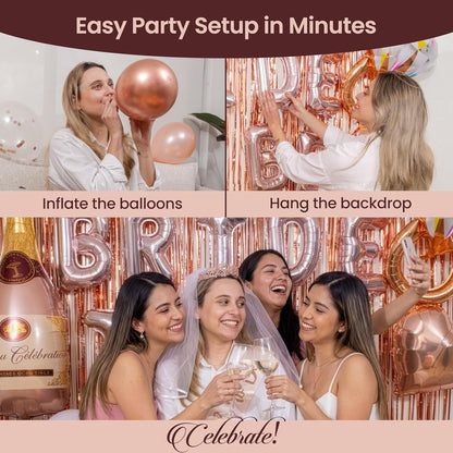 Rose Gold Bridal Shower Decorations, 273-Piece Pink Bachelorette Party Decorations with Bride to Be Banner, Confetti Balloons, Bride Sash, Veil, Fringe Curtain ,Cake Toppers & Photo Props