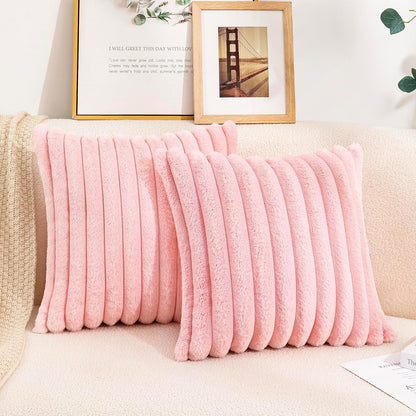 Uhomy Set of 2 Faux Fur Home Decorative Throw Pillow Cover Luxury Super Soft Fuzzy Striped Furry Pillowcase for Sofa Couch Bedroom Comfy Thick Fluffy Plush Cushion Cover 16x16 Inch Light Pink 40x40 cm