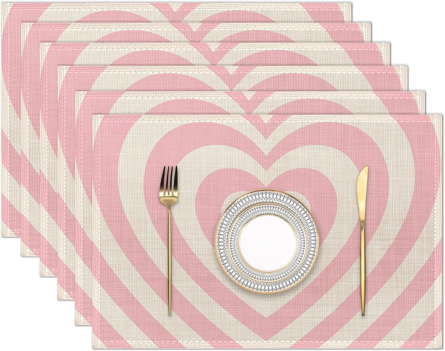 Heart Pink Groovy Placemats Set of 6 Place Mats for Kitchen Table Washable Farmhouse Linen Table Mats Dining Decoration 12x18 Inch