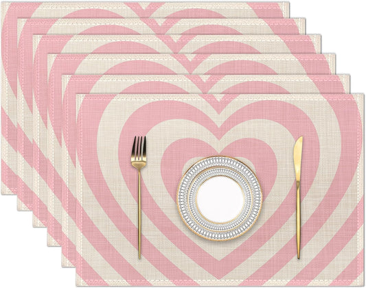 Heart Pink Groovy Placemats Set of 6 Place Mats for Kitchen Table Washable Farmhouse Linen Table Mats Dining Decoration 12x18 Inch