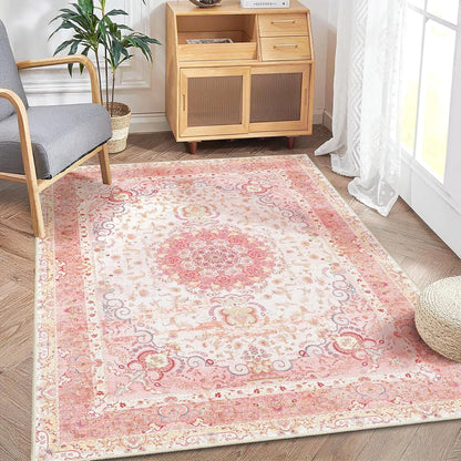 Pink Rug 3x5, Boho Washable Area Rug for Bedroom Living Room Office Kitchen, Distressed Vintage Small Rug Retro Non Slip Carpet