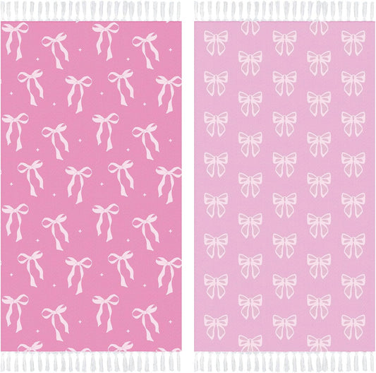 Peryiter 2 Pack Pink Bow Beach Towels 30 x 60 Inches Turkish Beach Towel with Tassel Coquettish Pink Bow Cotton Absorbent Soft Supplies Gift for Bathroom Kitchen Hotel