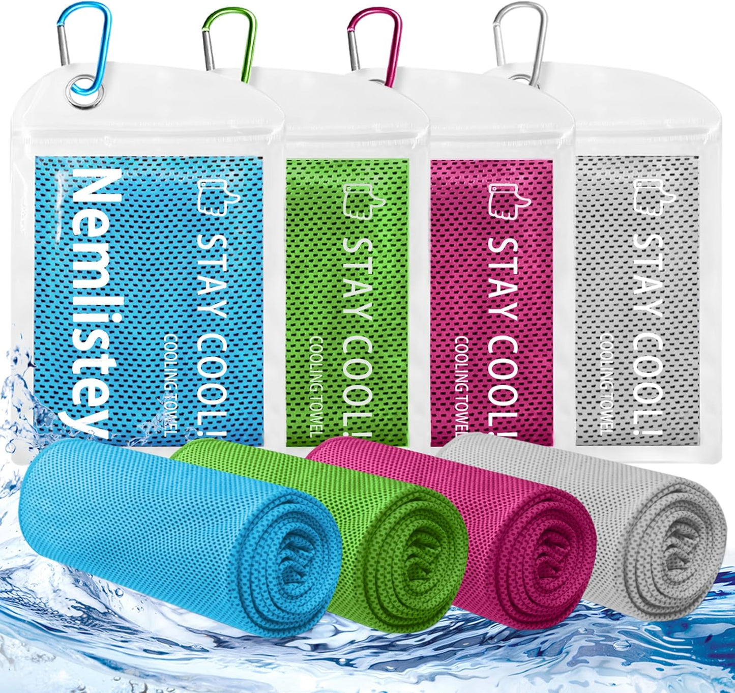Cooling Towels, Soft Breathable Cooling Towels for Neck and Face, Microfiber Gym Towels for Men and Women with Waterproof Bag & Carabiner, Sweat Towel for Yoga (Light Blue/Green/Pink/Grey)