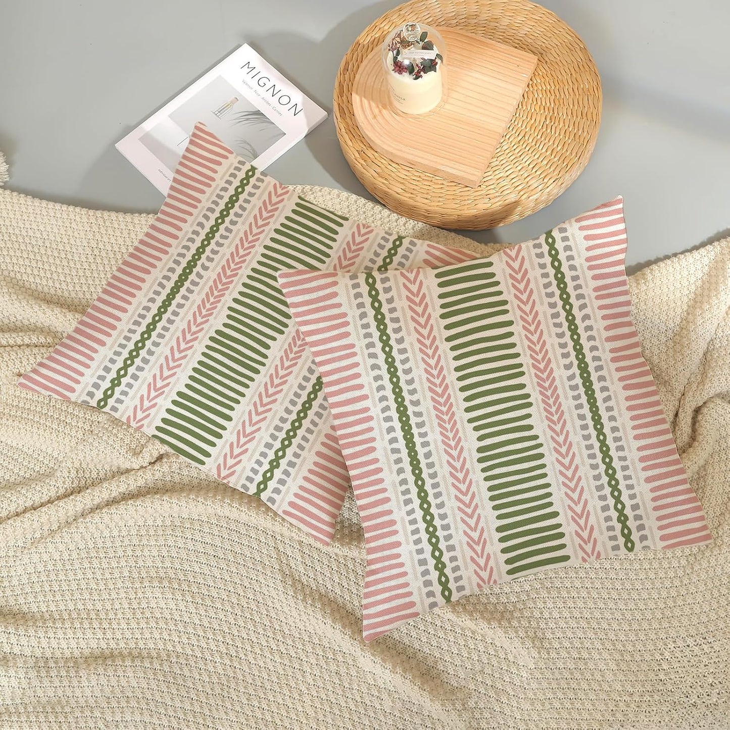 Boho Pillow Covers 18x18 Set of Pink Sage Green Stripes Throw Pillow Covers Outdoor Decoration,Bohemian Abstract Modern Decor Pillowcase Farmhouse Linen Decorative Cushion Cover for Home Couch