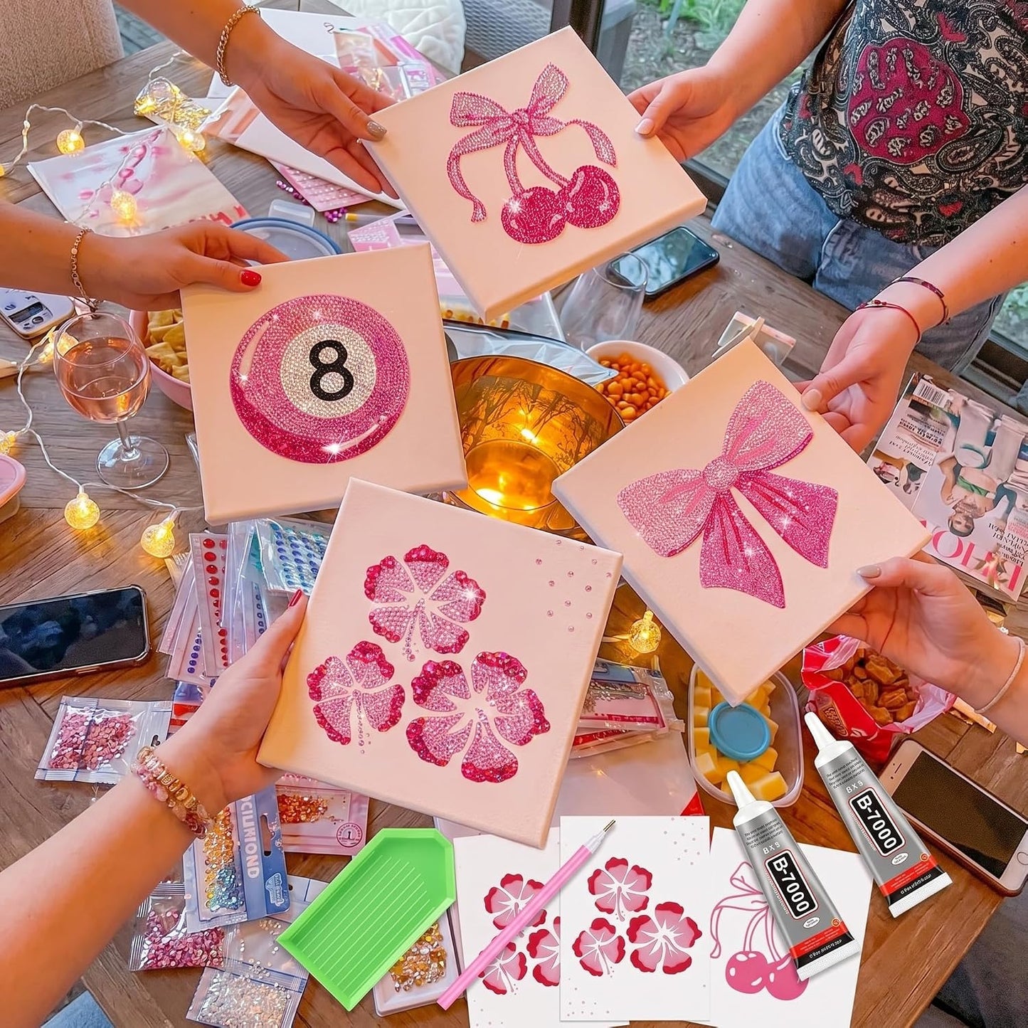 Eaasty 4 Sets Preppy Diamond Art Kits, Girls Night Game, Lucky Cherry Canvas Diamond Art Kit Coquette Preppy Wall Decor Trendy Coquette Pink Bow DIY Gem Painting Bachelorette Party Games