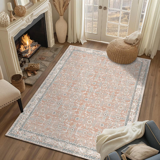 jinchan Area Rug 5x7 Washable Pink Vintage Rug Indoor Mat Traditional Foldable Distressed Thin Retro Floral Print Rug Floor Non Slip Carpet Kitchen Bedroom Living Room Dining Room