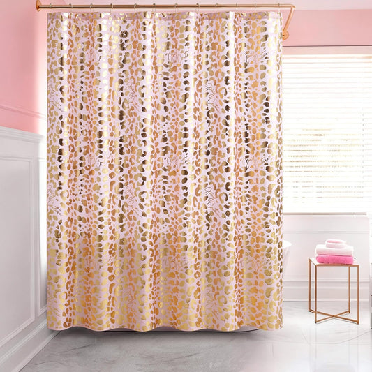 Juicy Couture 70"x72" Fabric Shower Curtain with 12 Hooks, Blush Gold Leopard 13-Piece Shower Set