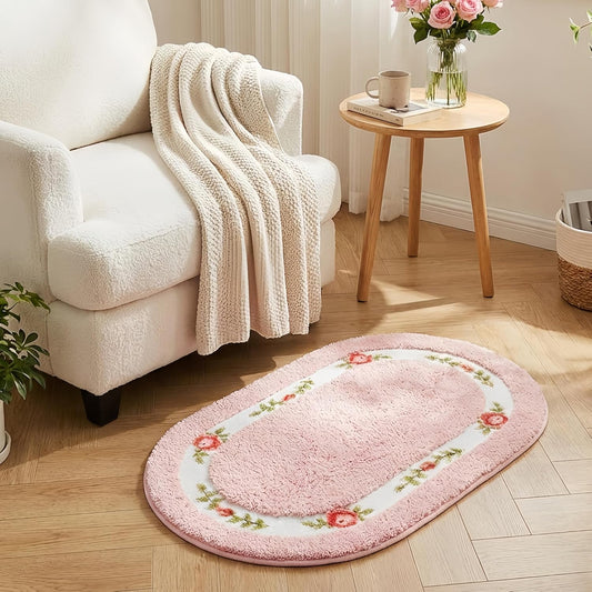 QMEAKMONY Bathroom Rugs Romantic Rose Flower Shaggy Area Rugs for Living Room Bedroom Kitchen Non Slip Absorbent Bath Mat Door Mat Washable(Pink,16x24 in)