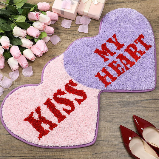 Hoolerry Valentine‘s Day Heart Rug Double Heart Shaped Rug Decor Non Slip Bathroom Doormat Love Shag Shower Mat Bedroom Living Room Entrance Welcome Floor Decor 15.75 x 31.5 in(Pink and Purple)
