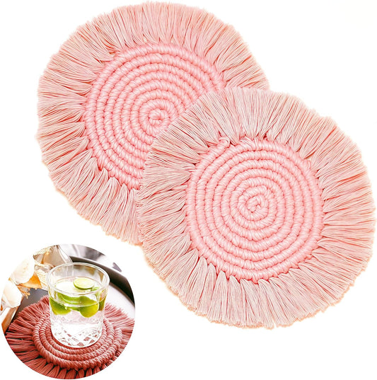 Boho Coasters Set of 2, Cute & Absorbent Drink Coasters for Mugs and Cups, Handmade Woven Macrame Cotton Coaster Pad, Home Decor Table Mat Housewarming Gift (Blush Pink)
