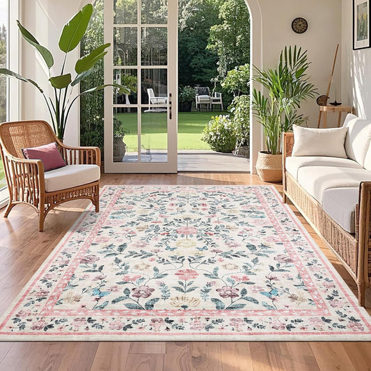 GarveeHome Floral Washable Rug 4x6, Non-Slip Low Pile Botanical Carpet, Vintage Farmhouse Area Rug for Bedroom Nursery Kids Room Home Decor, Pink