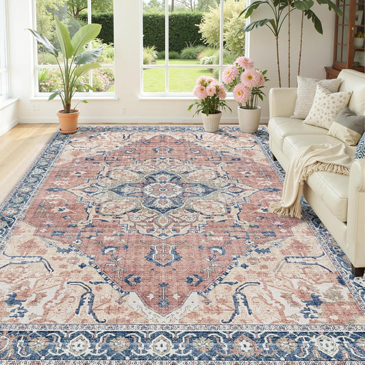 8x10 Pink Area Rug Washable Non-Slip - Extra Large Boho Floral Rug for Nursery & Living Room - Machine Washable Vintage Farmhouse Carpet with TPE Backing, Bedroom Dining Room Decor, Pink Multi