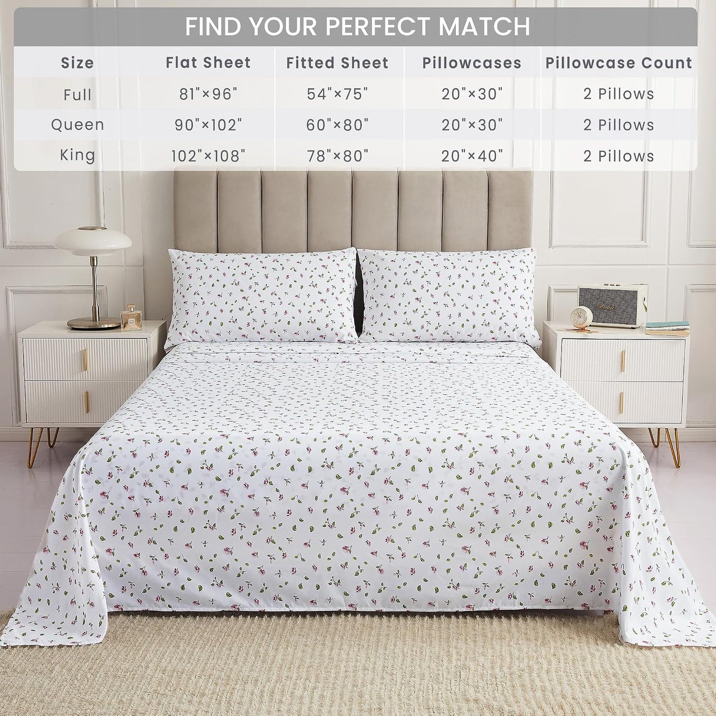 Mooreeke Queen Sheets Set - 4 Pieces Soft Breathable Microfiber Bed Sheet Set - Pink Flower Green Leaf Pattern Sheet Set - Deep Pocket Non-Slip Floral Printed Fitted Sheet Included for All Season