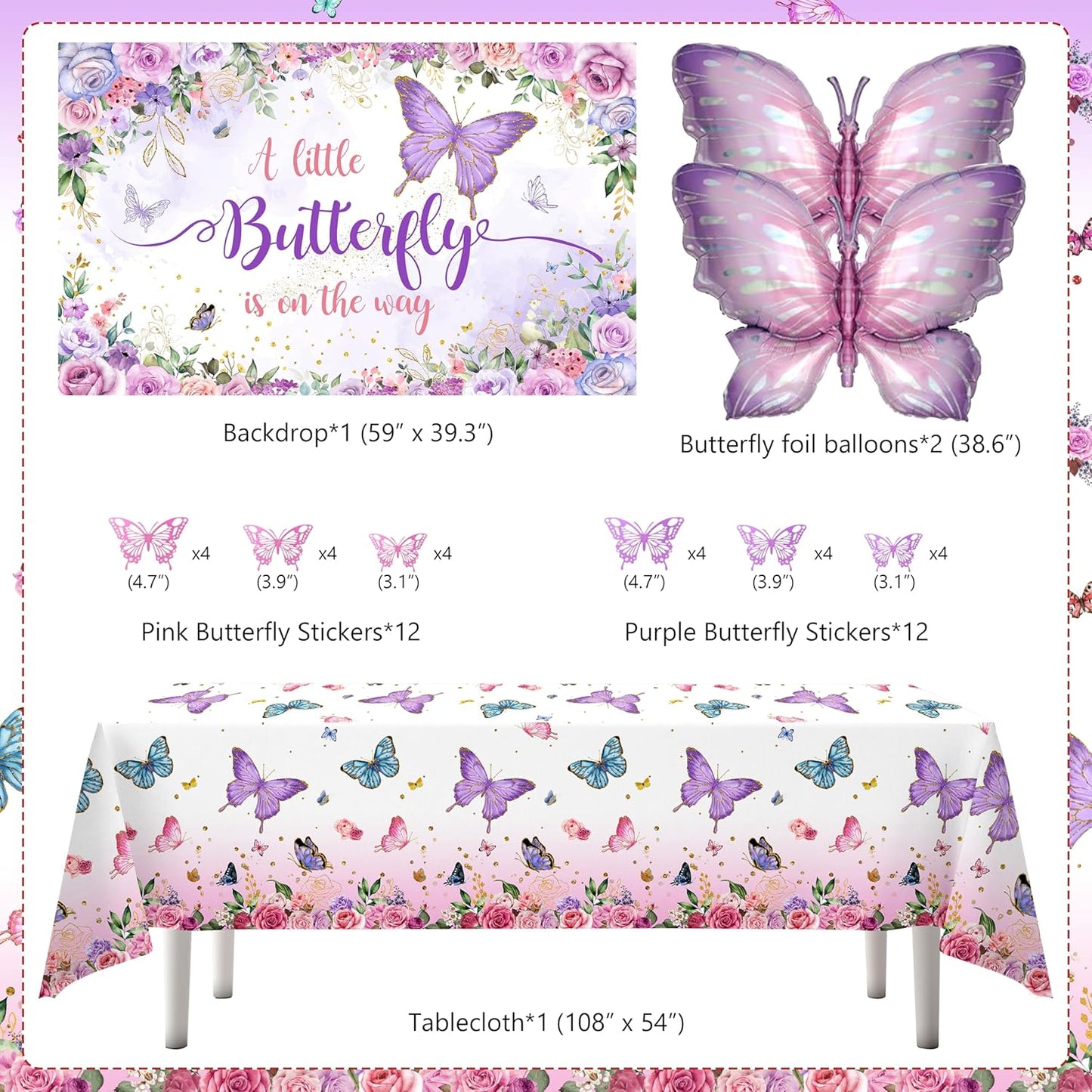 TREWAVE Butterfly Baby Shower Decorations for Girls A Little Butterfly Is On The Way Party Backdrop Cake Toppers Stickers Pink Purple Balloons Boxes for Girl Birthday Baby Shower Decor