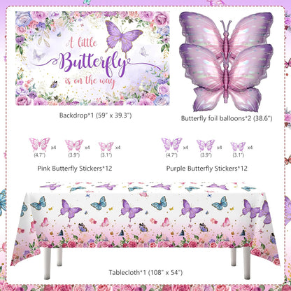 TREWAVE Butterfly Baby Shower Decorations for Girls A Little Butterfly Is On The Way Party Backdrop Cake Toppers Stickers Pink Purple Balloons Boxes for Girl Birthday Baby Shower Decor