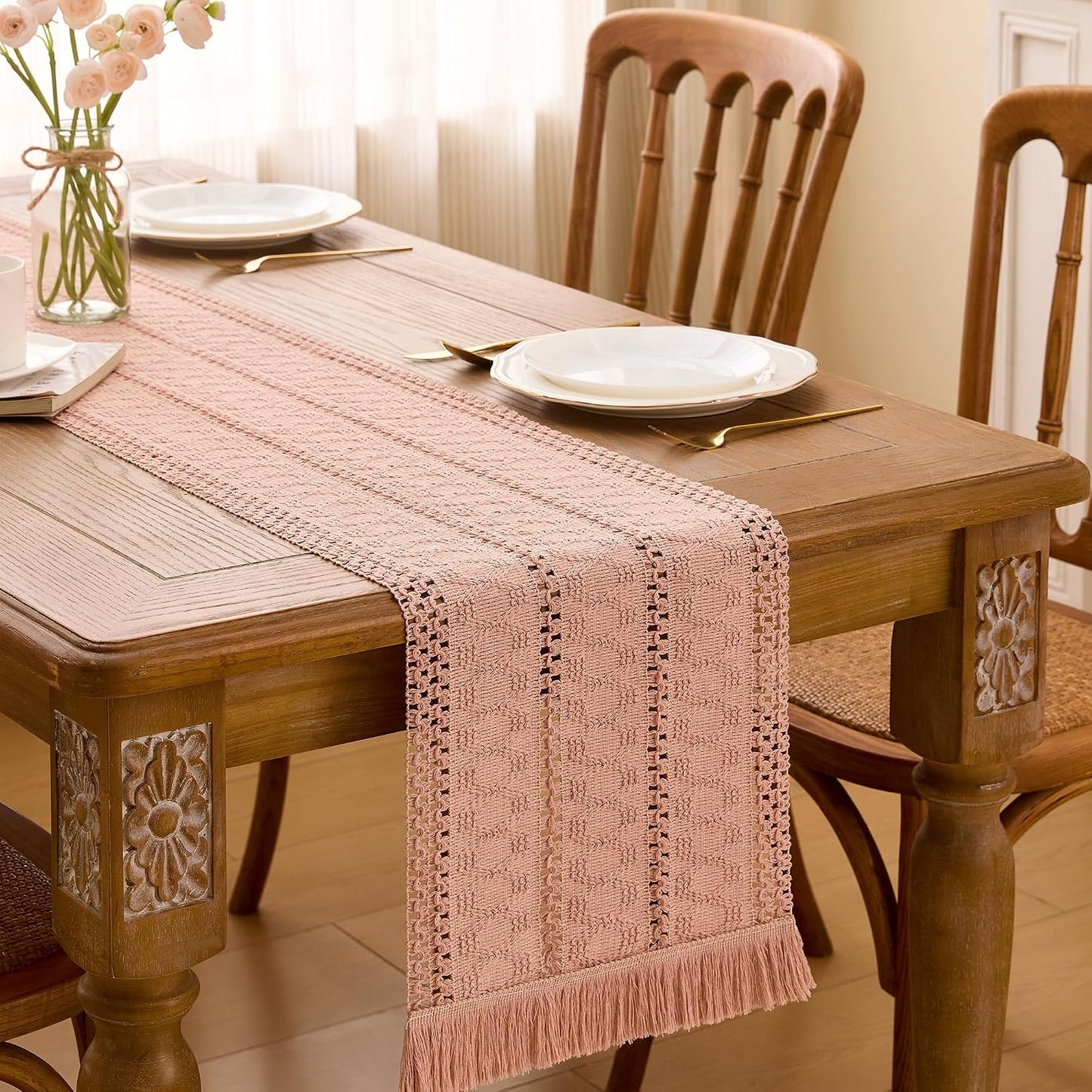 SITUMEIZI Pink Macrame Boho Table Runner with Tassels Woven Rustic Farmhouse Table Runner for Kitchen Dining 71 Inches