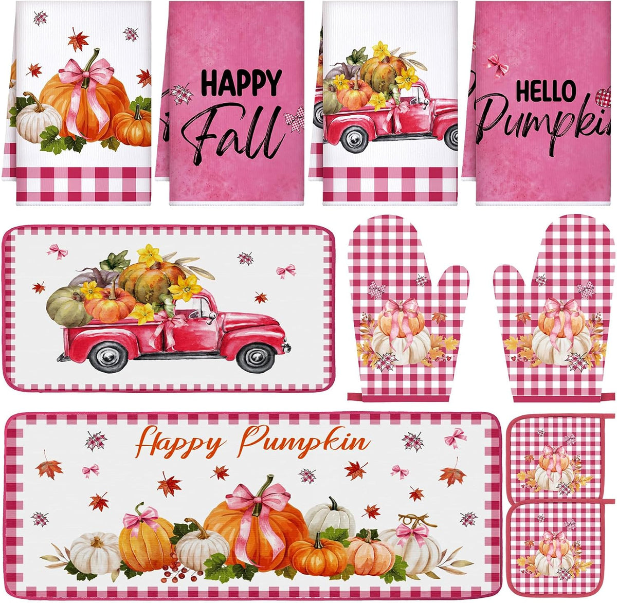 10 Pcs Fall Thanksgiving Pumpkin Kitchen Decor Set Pink