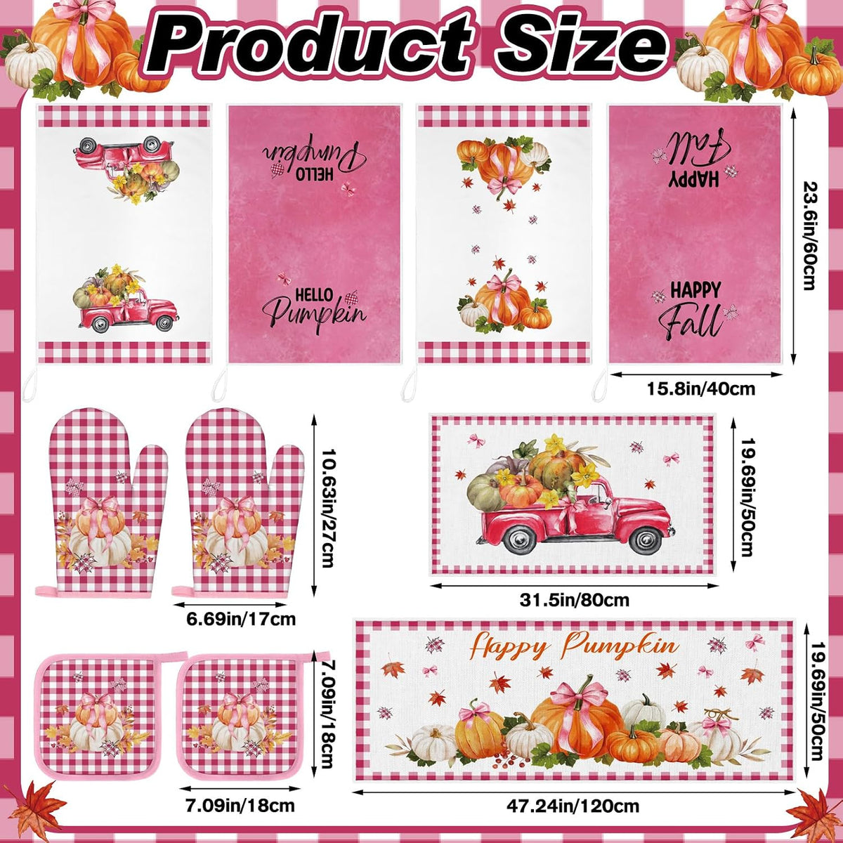 10 Pcs Fall Thanksgiving Pumpkin Kitchen Decor Set Pink