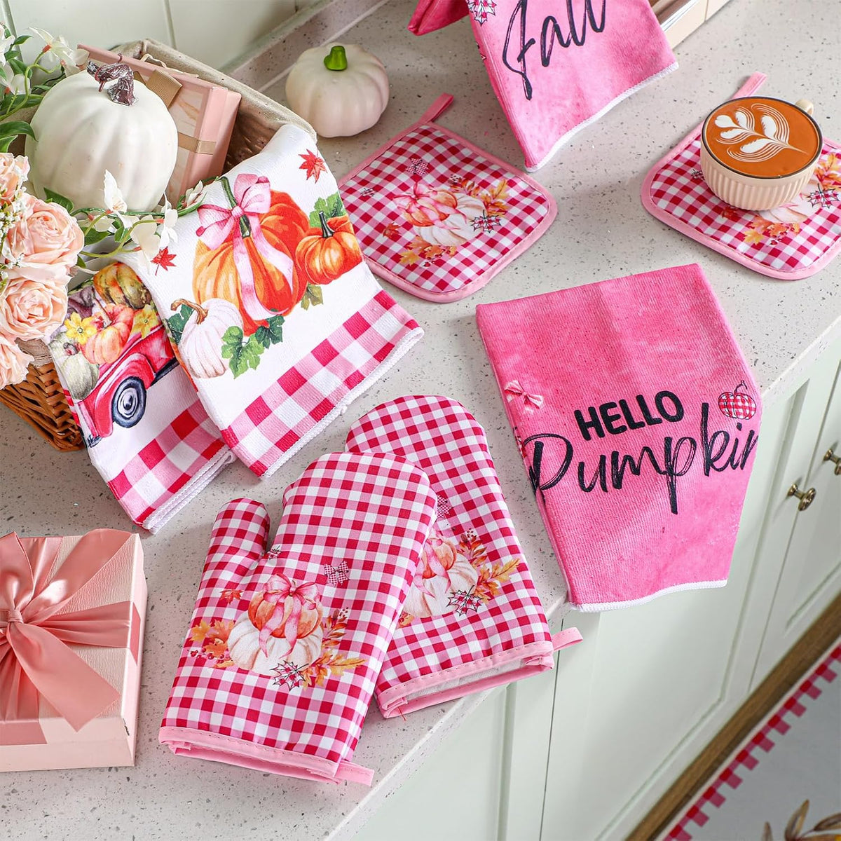 10 Pcs Fall Thanksgiving Pumpkin Kitchen Decor Set Pink