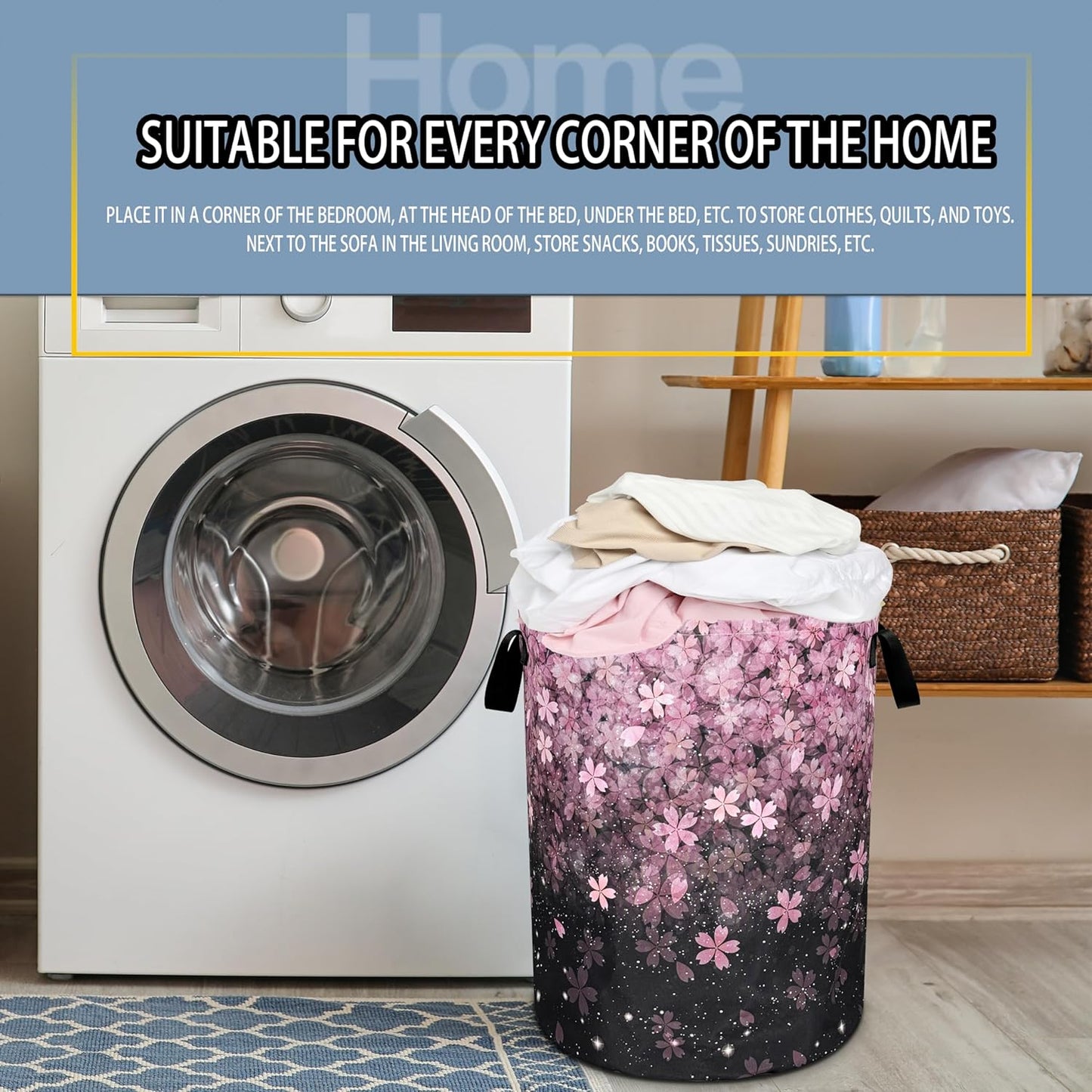 Cherry Blossoms Laundry Basket Pink Flowers Foldable Oxford Cloth Funny Tote Bag Laundry Hamper Clothes Storage Bucket Organizer For Bathroom/Laundry Storage/Bedroom 18.9x16.5 Inch