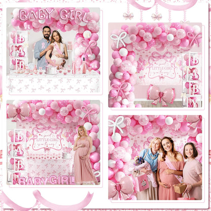 143PCS Pink Baby Shower Decorations for Girl, Welcome Baby Girl Party Decorations, Coquette Pink Bow Theme Backdrop Balloon Baby Boxes Banner for Girl Birthday Baby Shower Decor