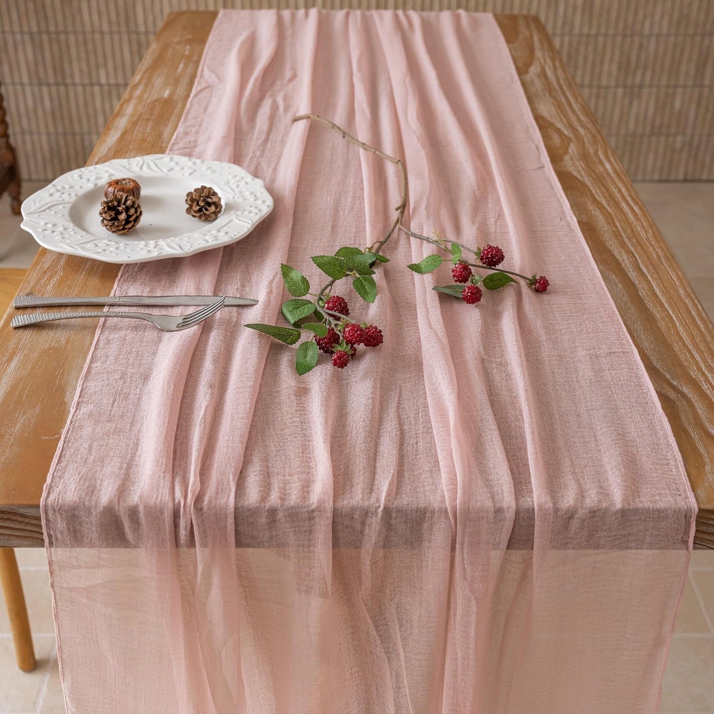 Keketoarrange Dusty Pink Table Runner Cheesecloth Gauze Rustic 120 Inch 10 FT for Wedding Baby Shower Bridal Shower Birthday Engagement Party Long Sheer Boho Centerpiece Summer Home Decorations