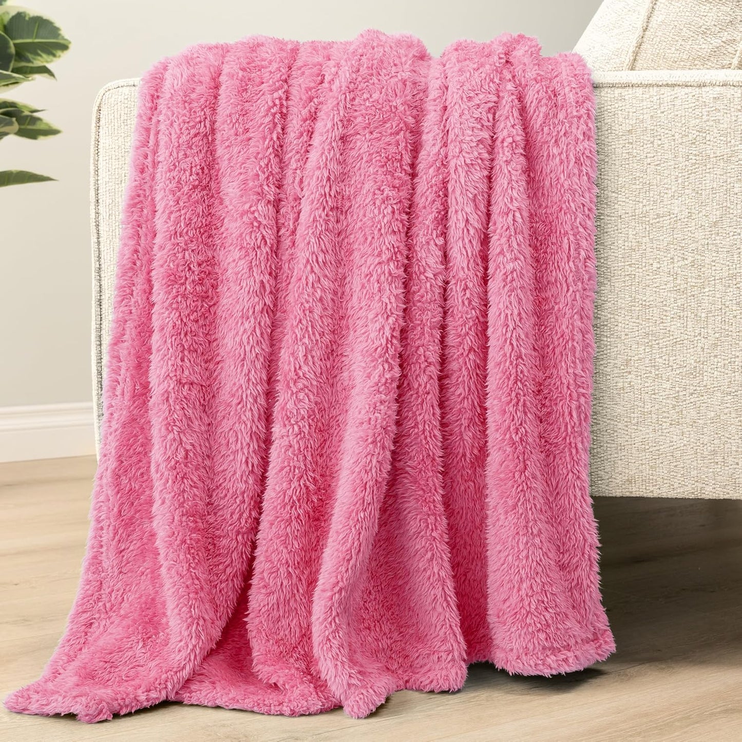 PAVILIA Sherpa Throw Blanket for Couch Sofa Bed, Pink Fluffy Plush Fleece Microfiber Blanket, Lightweight Soft Cozy Reversible Throw, All Season Home Decor Gift, 50x60 Inches