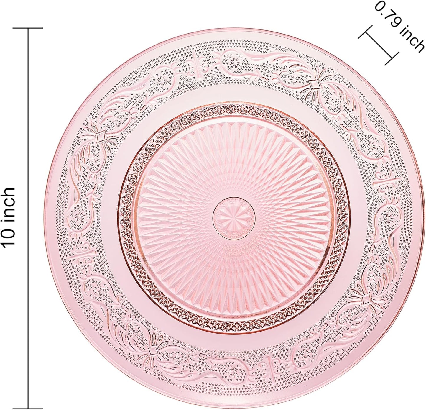 Art Deco Vintage Crystal Pink Plates | Set of 6 | Unique 10.5" Dinner or Charger Plates - Dinner, Charger, Dessert Server, Appetizer Plate, Snack, Fruit, Hand Wash, Housewarming Gift
