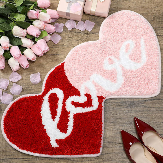 Hoolerry Valentine Heart Rug Double Heart Shaped Rug Decor Non Slip Bathroom Doormat Love Shag Shower Mat Bedroom Living Room Entrance Welcome Floor Decor 15.75 x 31.5 in(Red and Pink)