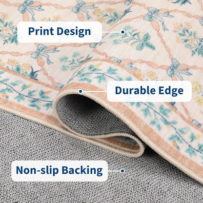 ROYHOME Area Rugs 9x12 Living Room, Pink Washable Rug for Bedroom Girl with Coquette Bow Floral Pattern Non Slip Low-Pile Stain Resistant Large Throw Carpet for Dining Room Dorm Nursery, Pink