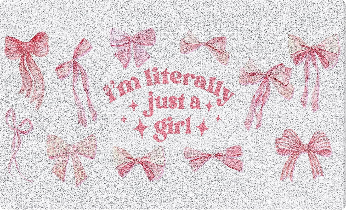 SNNDER Pink Coquette Bow Door Mat, I'm Literally Just a Girl Coquette Preppy Pink Doormat for Front Door Porch Indoor Outdoor Outside Entrance, Bow Bath Mats for Bathroom, 17x30 Inch