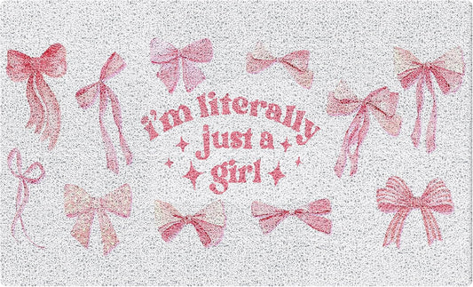 SNNDER Pink Coquette Bow Door Mat, I'm Literally Just a Girl Coquette Preppy Pink Doormat for Front Door Porch Indoor Outdoor Outside Entrance, Bow Bath Mats for Bathroom, 17x30 Inch