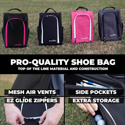 Athletico Golf Shoe Bag - Zippered Shoe Carrier Bags With Ventilation & Outside Pocket for Socks, Tees, etc. (Pink)
