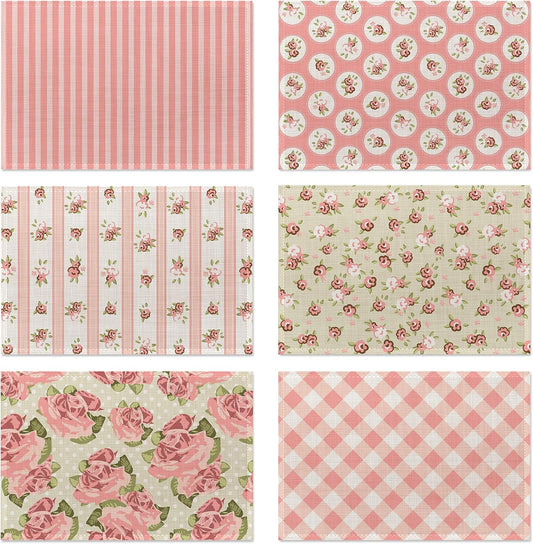 Pink Shabby Chic Floral Placemats Set of 6, Pink Rose Place Mats Washable Heat Resistant 12×18 Inch Linen Table Mats for Party Kitchen Dining, Vintage Outdoor Decor