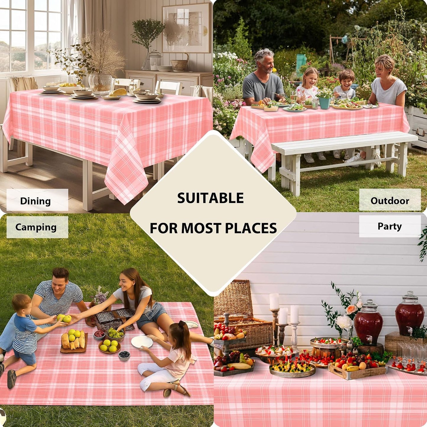 Hiasan Pink Square Gingham Tablecloth 54 x 54 Inch, Waterproof Checkered Tablecloth, Wrinkle Resistant Washable Wipeable Table Covers for Dinner Kitchen Picnic Wedding Party